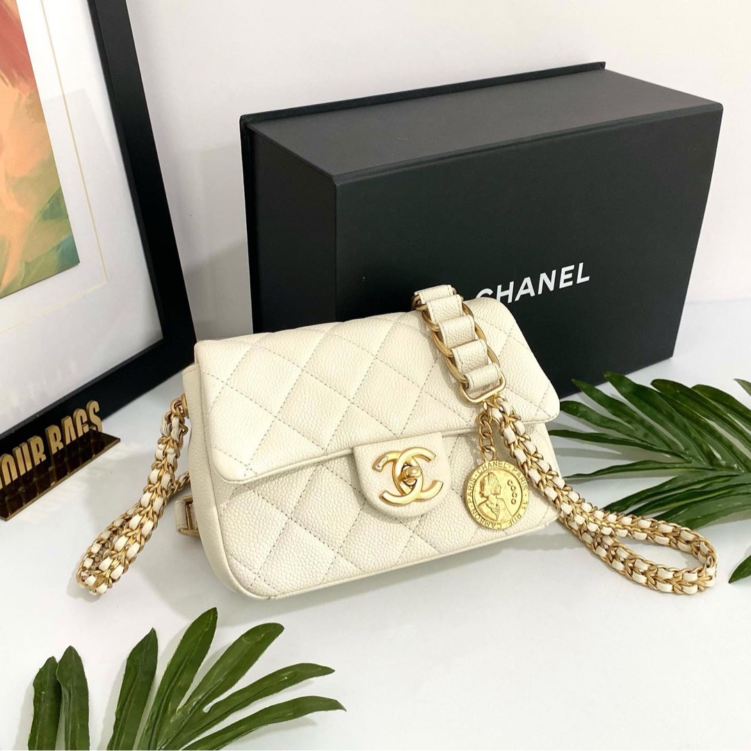 Chanel Mini Flap Bag Coin Charm Soul Chain White Caviar Aged Gold Hard –  Coco Approved Studio