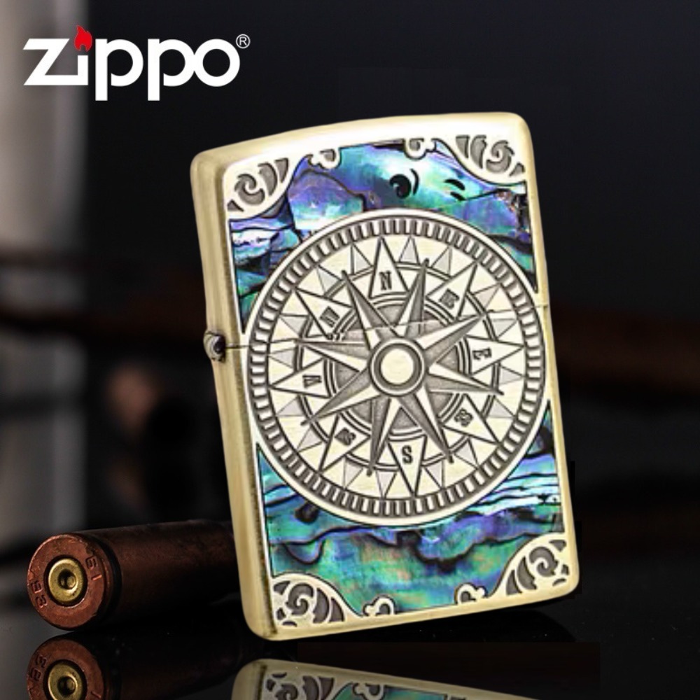 Armor Natural Green Inlay Shell With Antique Gold Compass Engrave Zippo ...