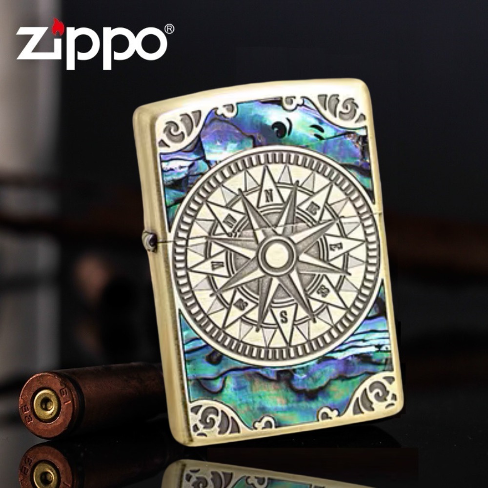 Armor Natural Green Inlay Shell With Antique Gold Compass Engrave Zippo