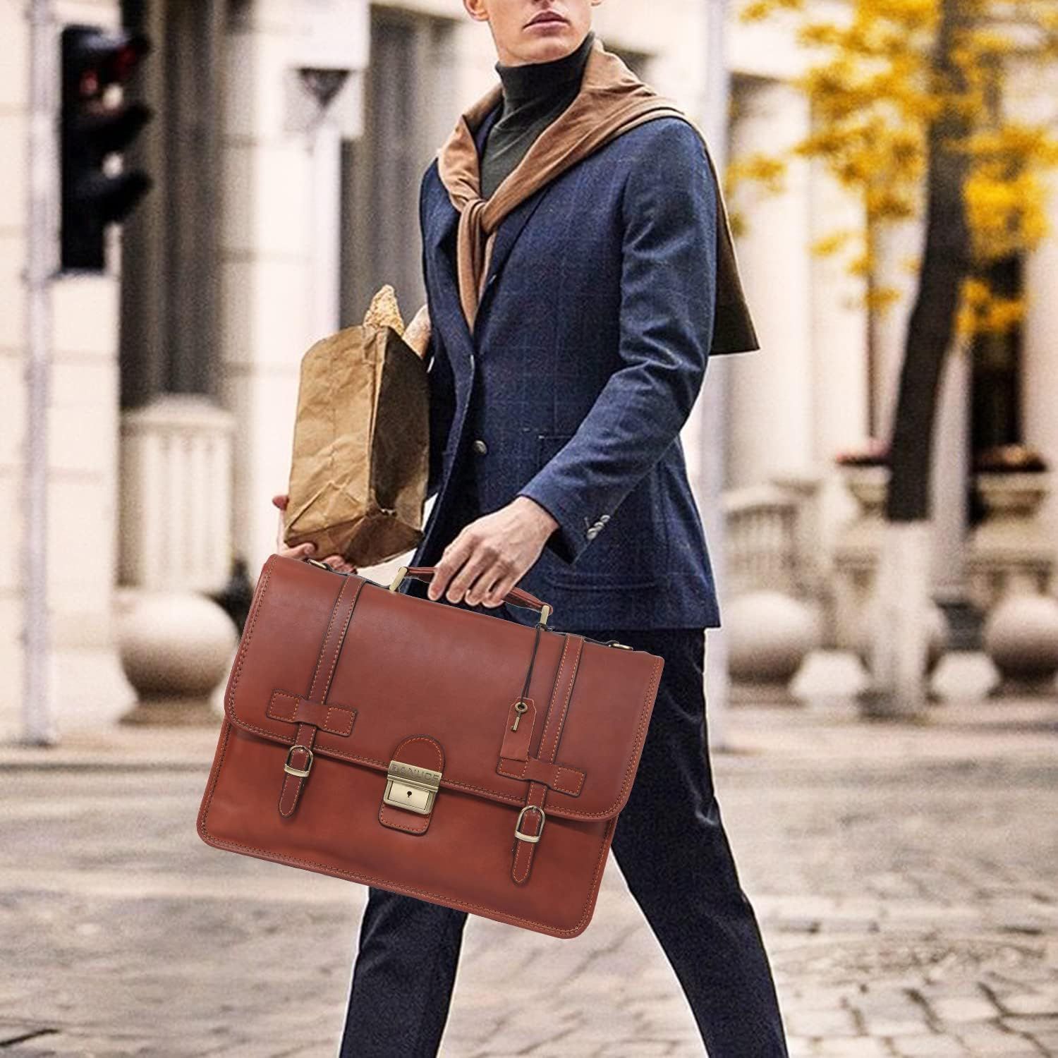 Banuce Full Grains Italian Leather Briefcase for Men with Lock Attache ...