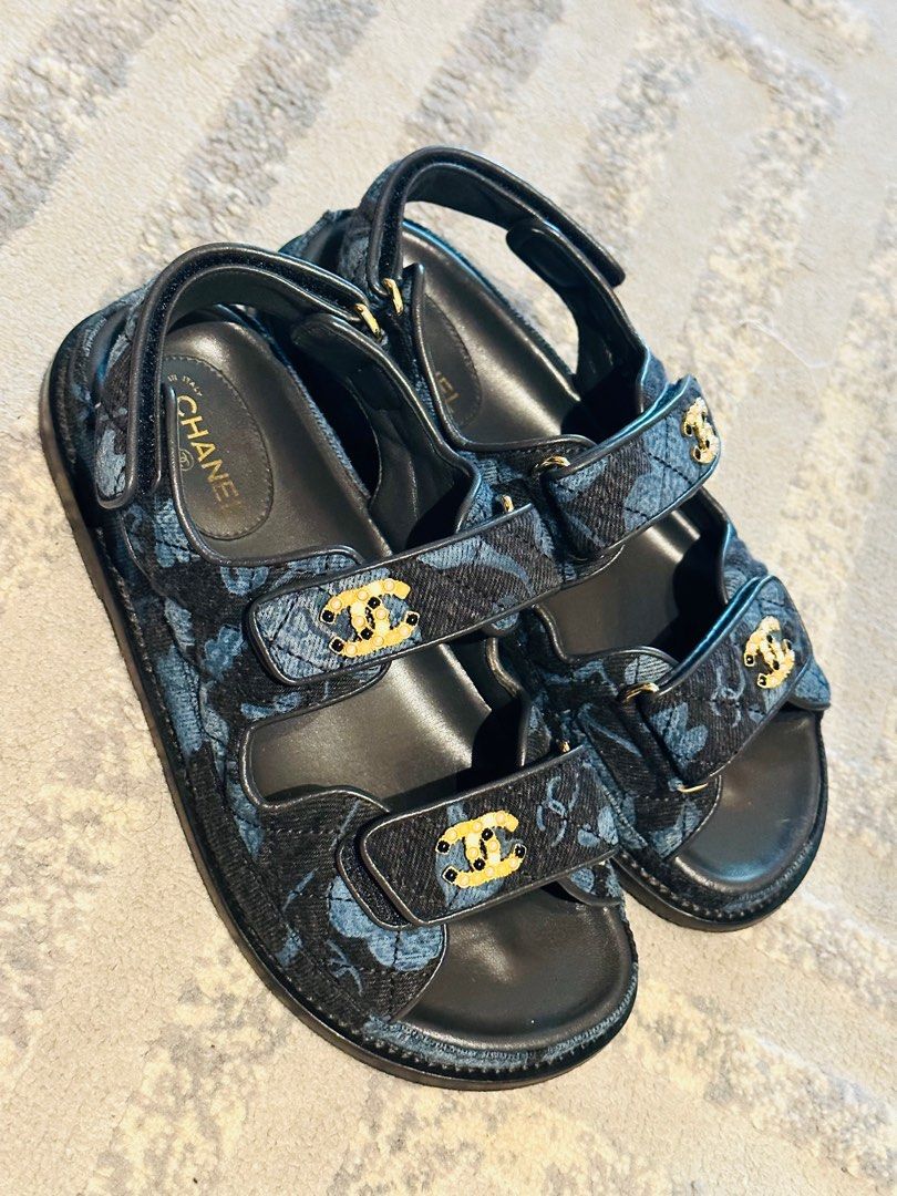Chanel Suede Kidskin Crystal CC 'Dad' Sandals (Black/Silver)