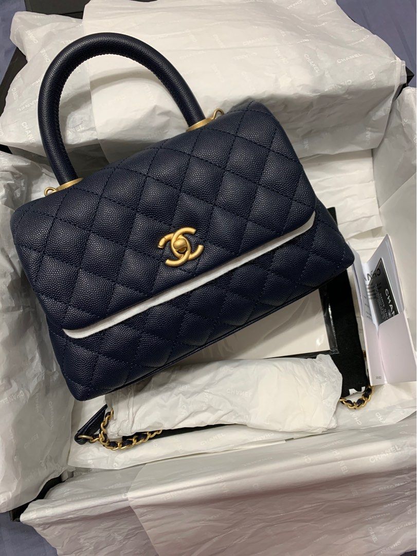 Chanel Navy Blue Quilted Caviar And Burgundy Lizard Medium Coco