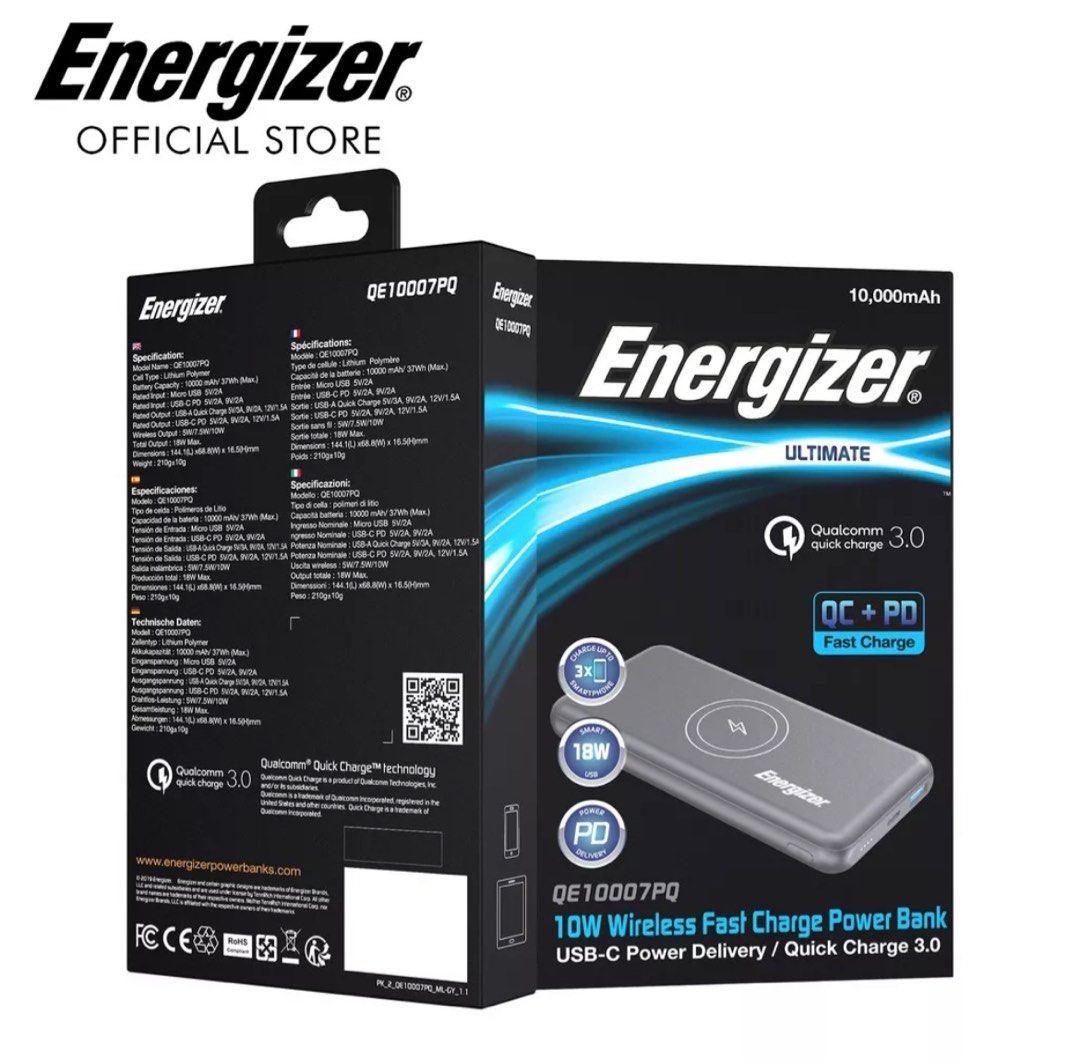 Energizer QE10007PQ 10,000mAh 10W Wireless Fast Charge Power Bank ...