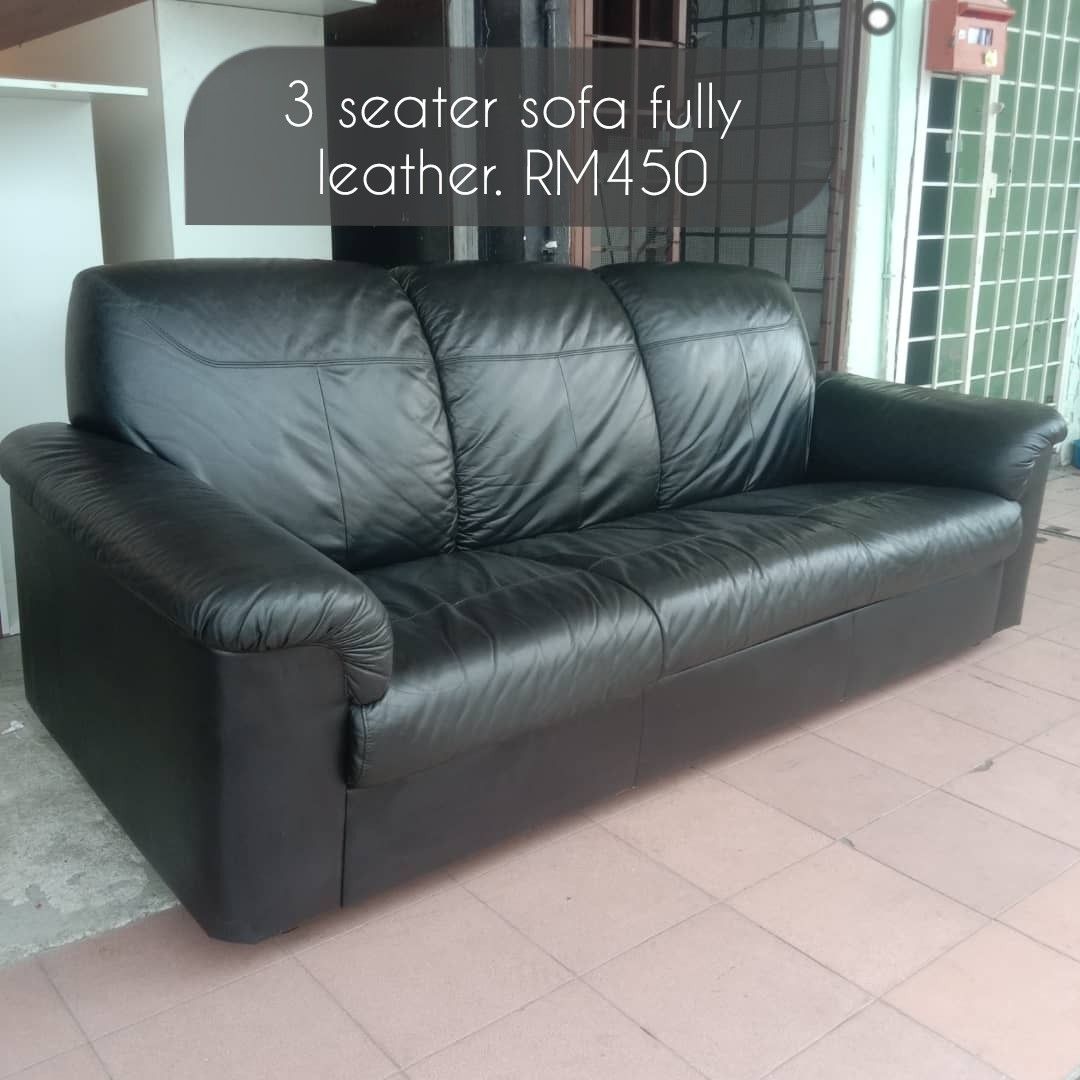 Full leather sofa ikea hitam terpakai, Furniture & Home Living