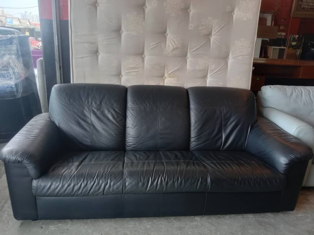 Full leather sofa ikea hitam terpakai, Furniture & Home Living