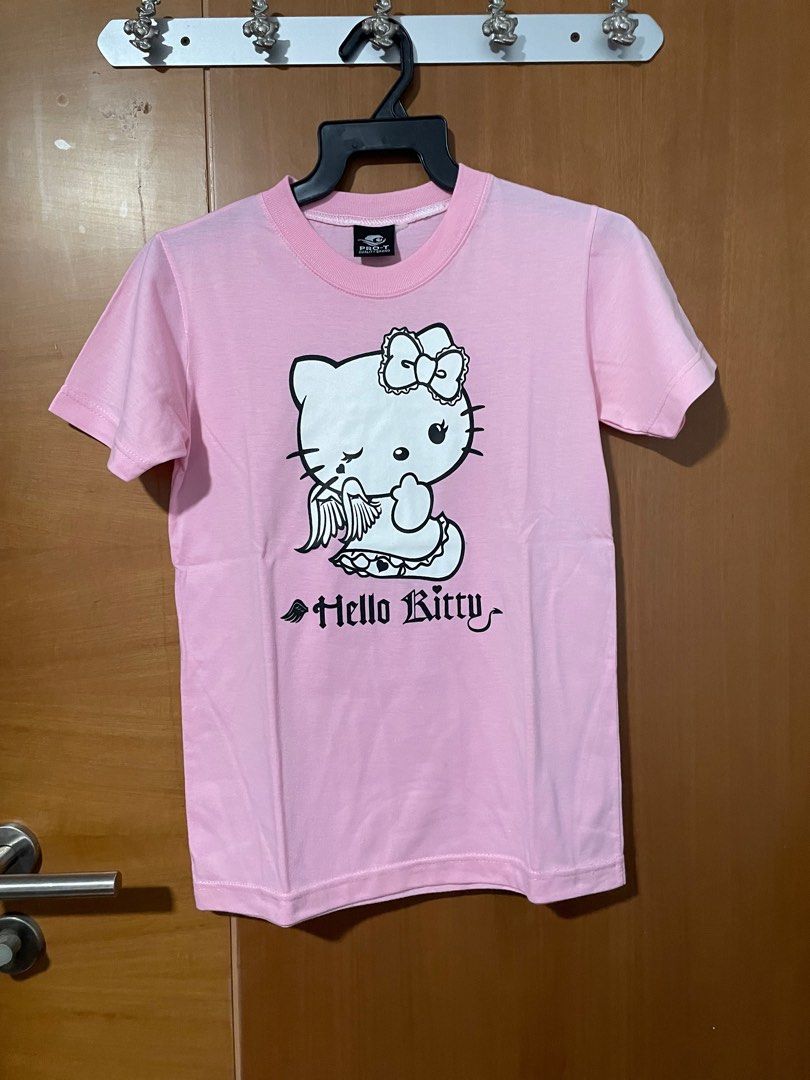Hello Kitty Pink Graphic Shirt Goth Font Angel y2k Women s