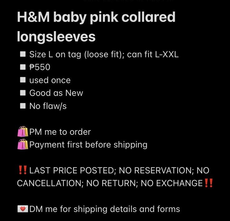 H&M baby pink collared longsleeves (Category: Longsleeves) located in Bulacan. Submitted by mariapreloved.ph (Listing ID 1238833062, Image 3). Description: 👉🏼NO WHEN WORN PHOTOS👈🏼 ▫️Size L on tag (loose fit); can fit L-XXL ▫️₱550 ▫️used once ▫️Good as New ▫️No flaw/s 🛍PM me to order 🛍Payment first before shipping ‼️LAST PRICE POSTED; NO RESERVATION; NO CANCELLATION; NO RETURN; NO EXCHANGE‼️ 💌DM me for shipping details and forms .