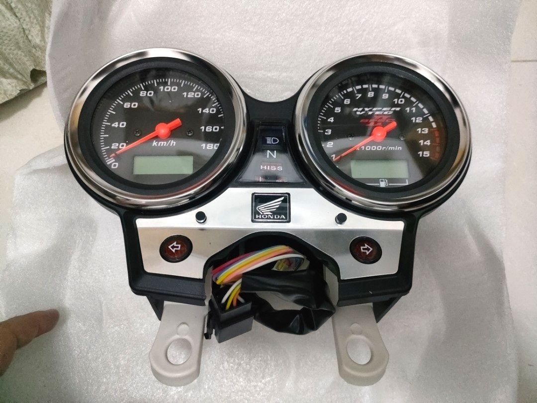 Full meter assembly (Category: Motorcycle Accessories) located in Singapore. Submitted by 99global (Listing ID 1237290121, Image 1). Description: Full Set WITH CABLES. Speedometer with wires. all plug & play - no modification last pic for illuminated/installed on bike Chat & order for other models to purchase..