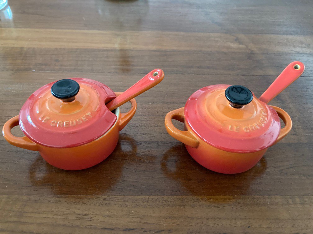 Set of 2 Cerise Le Creuset Condiment Pots With Spoons Stoneware Cherry Red  for sale online