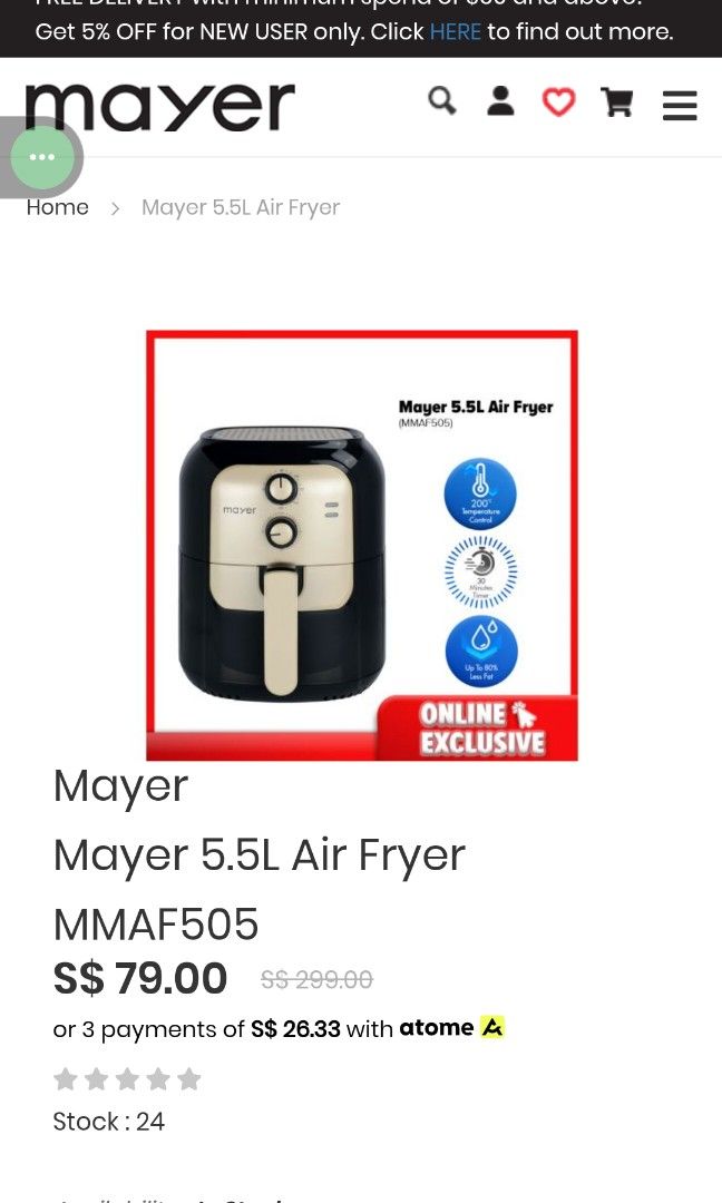 Mayer Air Fryer MMAF505, TV & Home Appliances, Kitchen Appliances
