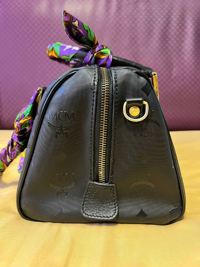 100% Authentic MCM Black Purple Visetos Lion Boston Hand Bag