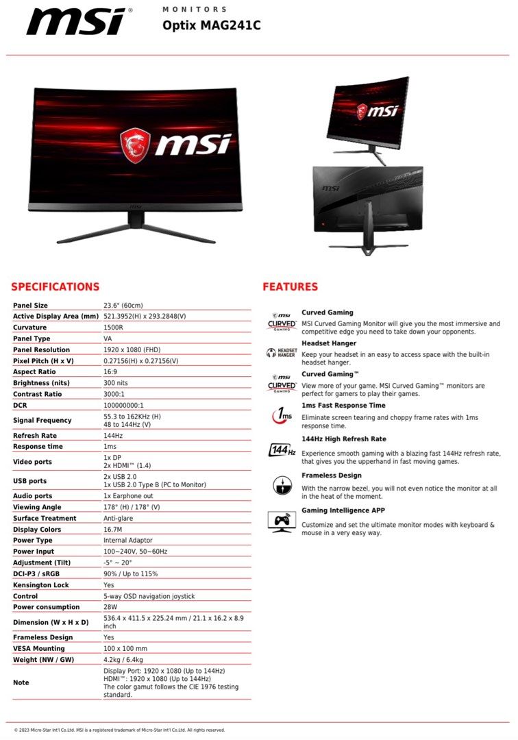 MSI MAG241C, Computers & Tech, Parts & Accessories, Monitor Screens on ...