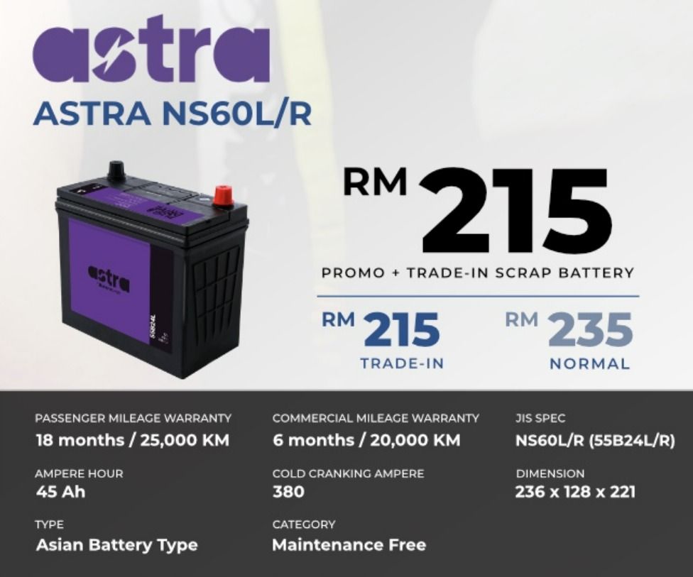 (NEW) Astra NS60L / 55B24L Car Battery Bateri Kereta, Auto Accessories
