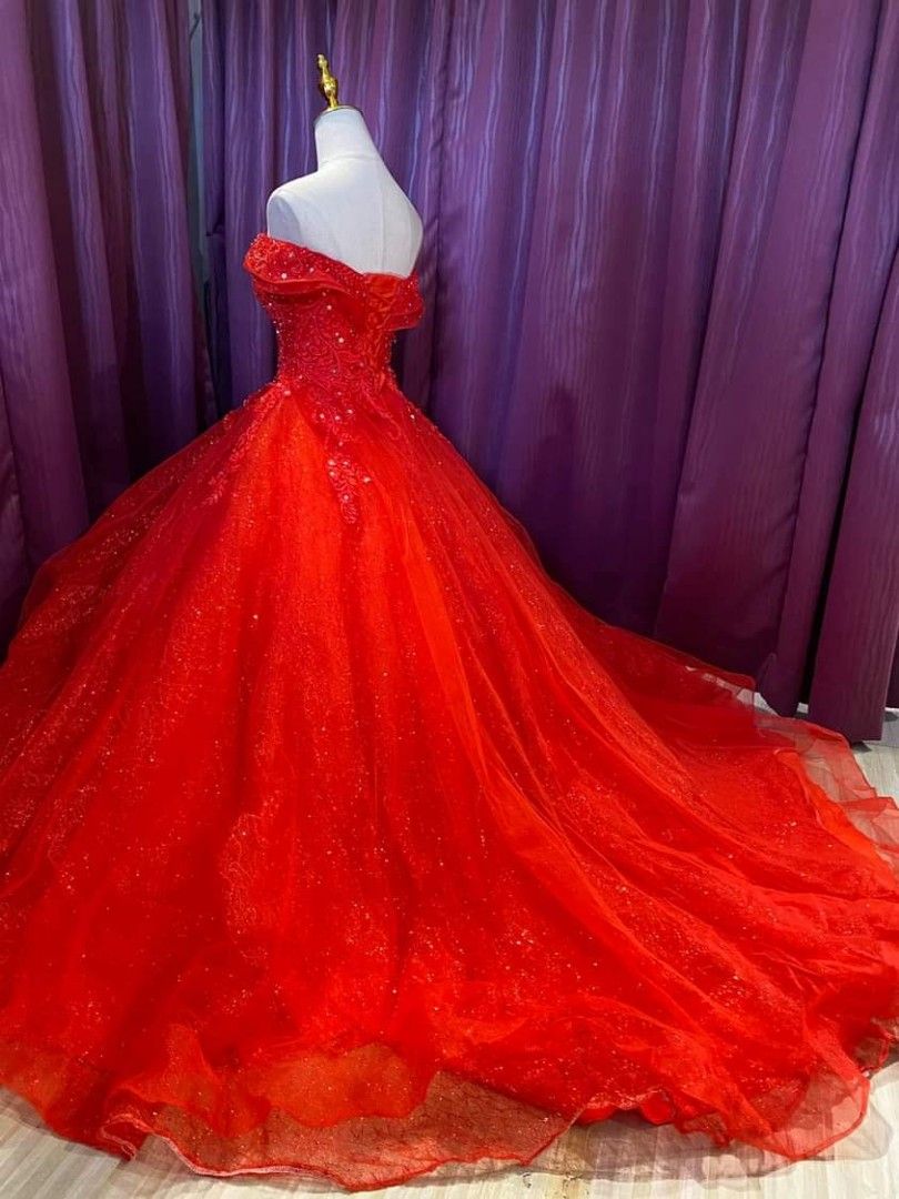 Red Wedding Gown, Women's Fashion, Dresses & Sets, Evening Dresses