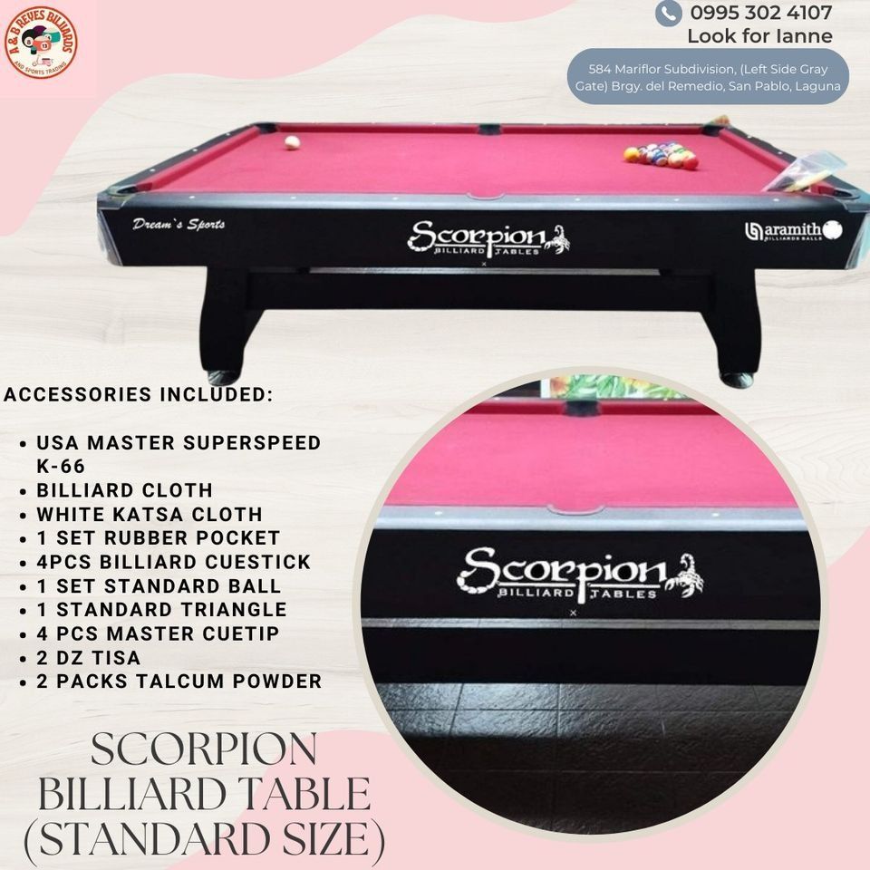SCORPION STANDARD BILLIARD TABLE (FREE DELIVERY SEE DESCRIPTION) (Category: Billiards and Bowling) located in San Pablo. Submitted by wrbreyestrading (Listing ID 1238830598, Image 1). Description: MIDYEAR SALE!! PROMO UNTIL JUNE 30, 2023 PROMO UNTIL JUNE 30, 2023 PROMO UNTIL JUNE 30, 2023 Brand New Scorpion Billiard Table BEFORE: PHP 110,000 NOW: PHP 100,000 PHP 100,000 PHP 100,000 FREE DELIVERY METRO MANILA AND LAGUNA FREE DELIVERY METRO MANILA 