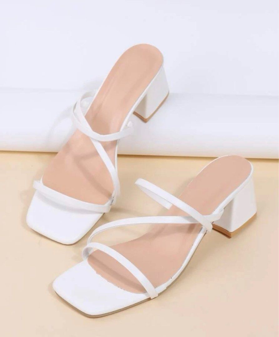 Shein White Thin Strap Chunky Heeled Mule Sandals