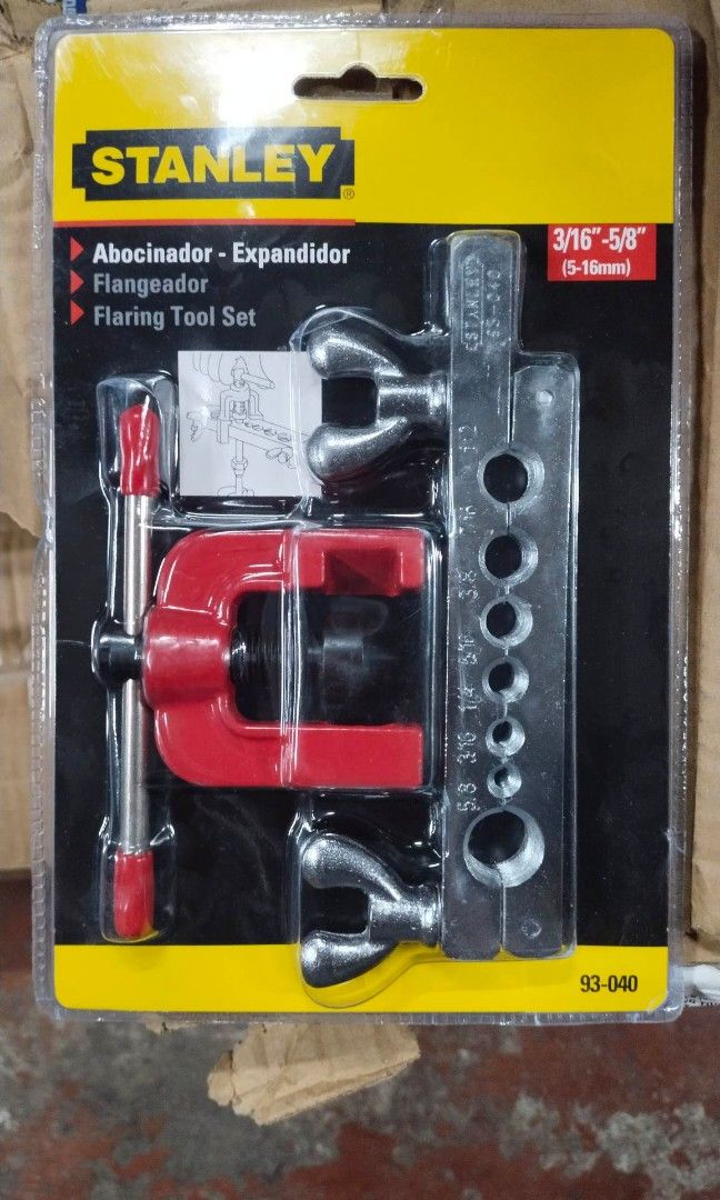 Stanley Flaring Tools Set 3/16"-5/8" #93-040 (Category: Construction Tools & Equipment) located in Manila. Submitted by franzjr19356717 (Listing ID 1238805892, Image 1). Description: -Stanley 100% original/authentic -Multiple hole 45° aluminum V-block with cast flaring yoke -Cover 6 tube diameter(5/8, 3/16, 1/4, 5/16, 3/8, 7/16, 1/2") -Ideal for flaring ends of annealed soft steel,copper or aluminum tubing.. •Discount for bulk orders Message me f