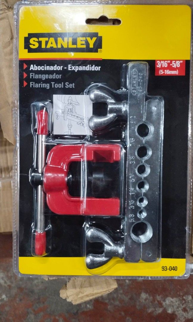 Stanley Flaring Tools Set 3/16"-5/8" #93-040 (Category: Construction Tools & Equipment) located in Manila. Submitted by franzjr19356717 (Listing ID 1238805892, Image 2). Description: -Stanley 100% original/authentic -Multiple hole 45° aluminum V-block with cast flaring yoke -Cover 6 tube diameter(5/8, 3/16, 1/4, 5/16, 3/8, 7/16, 1/2") -Ideal for flaring ends of annealed soft steel,copper or aluminum tubing.. •Discount for bulk orders Message me f