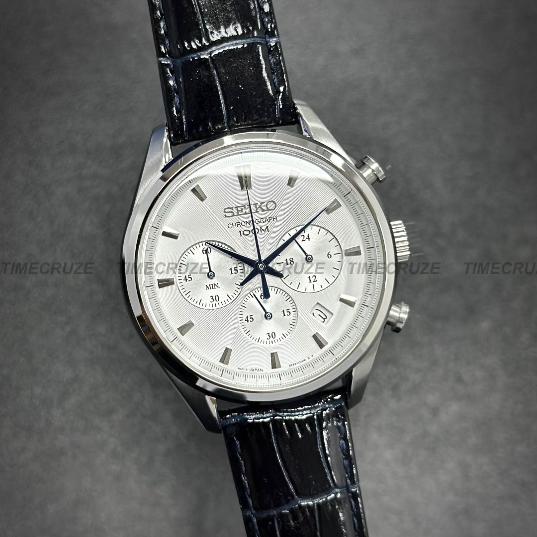 Time Cruze Seiko SSB291P1 Chronograph Quartz Dark Blue Leather Analog Men Watch SSB291