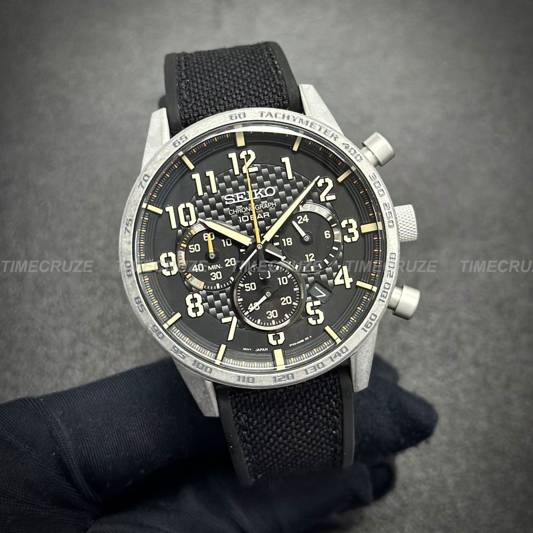 Time Cruze Seiko SSB367 Tachymeter Chronograph 100M Quartz Black Polyurethane Strap Black Dial Men Watch SSB367P1