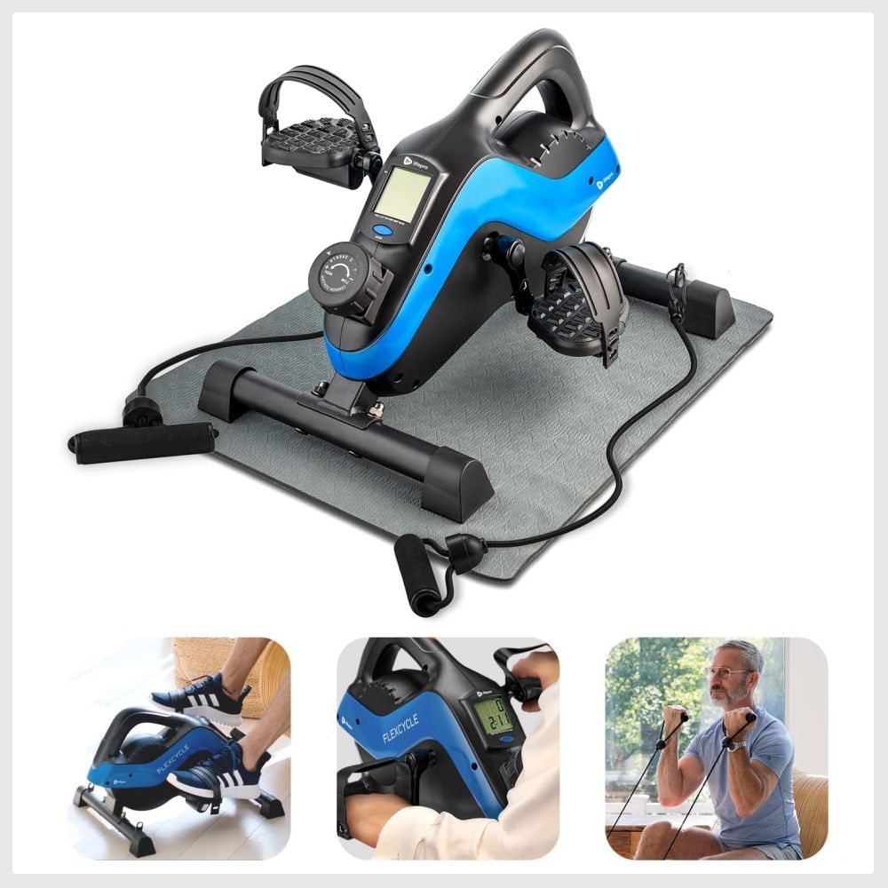 Under Desk Bike Pedal Exerciser with Resistance Bands Arm and Leg Mini Exercise Bike Stationary Bike Pedals Desk Exercise Equipment Foot Pedal Exerciser and Desk Workout Compatible with Fitness App Sp...