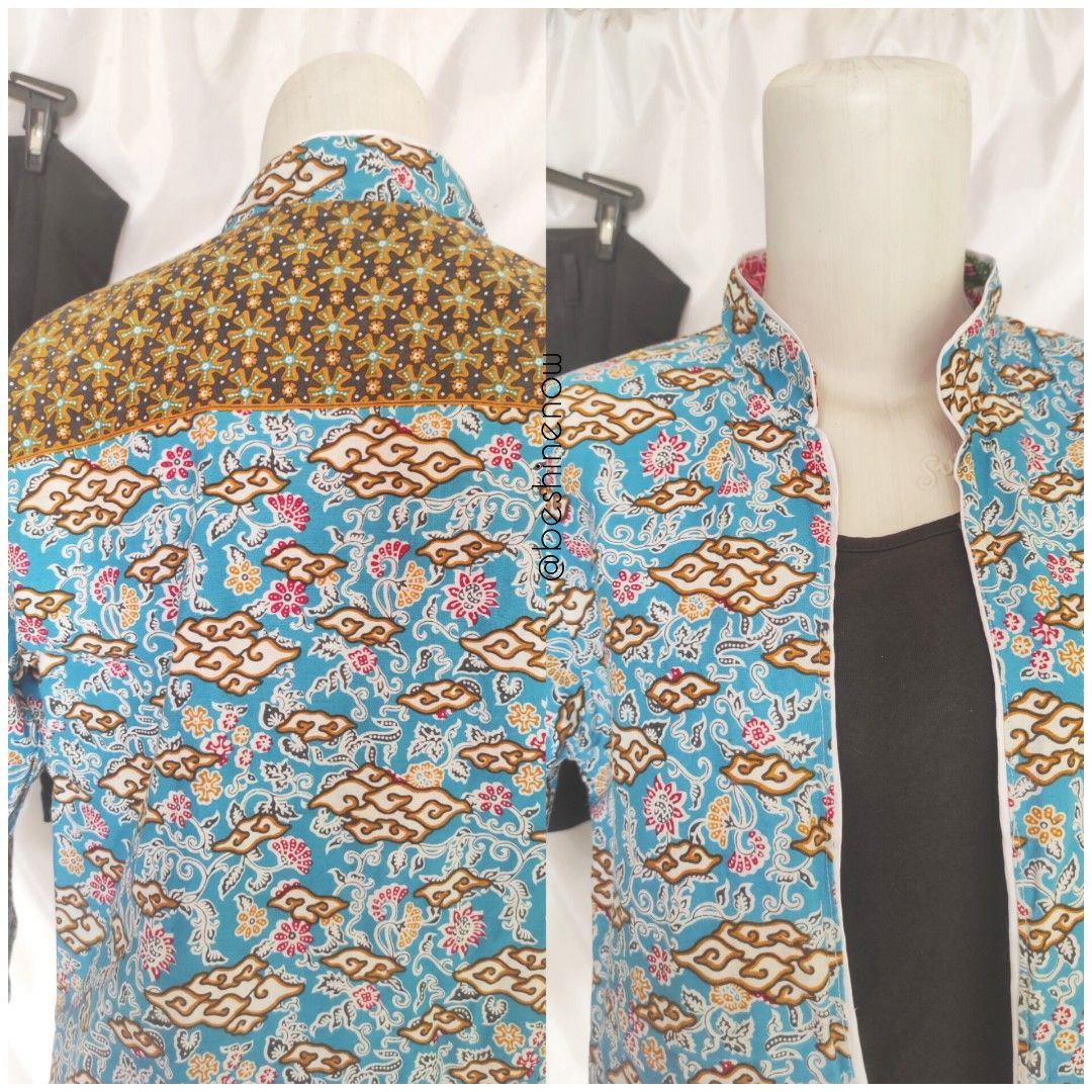 Veste Blazer Femme En Batik Indonésien - Bleu Et Blanc, Taille M, 100% Coton (NEUF Sans étiquettes)