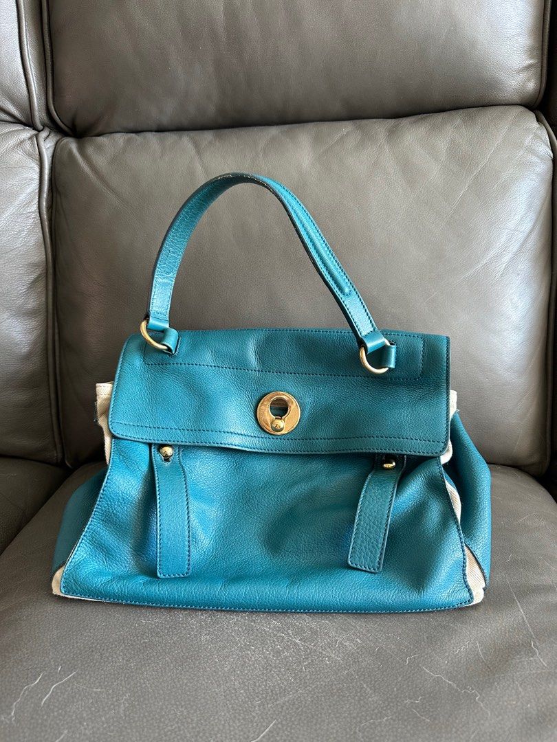 Yves Saint Laurent Muse Two handbag in blue leather and beige