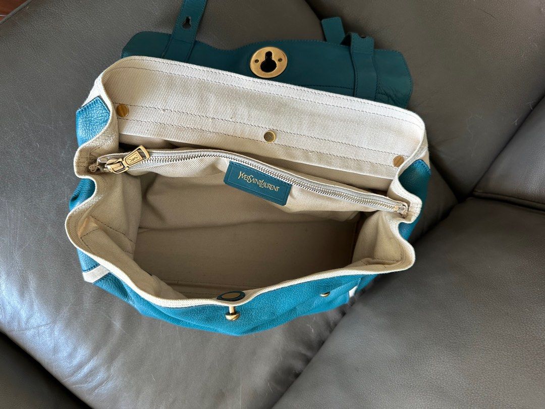 Yves Saint Laurent Muse Two handbag in blue leather and beige