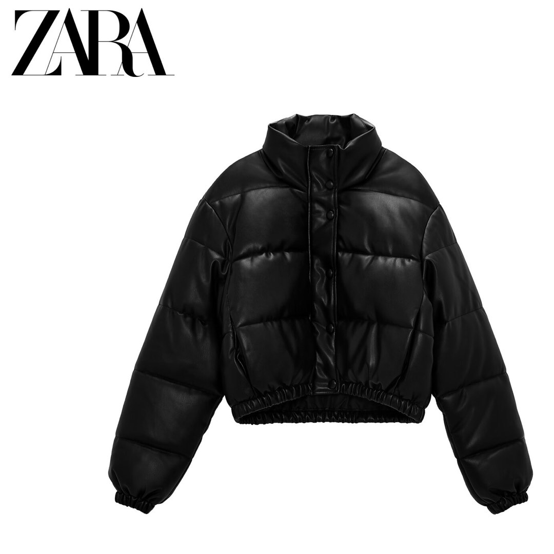 ZARA Faux Leather Cropped Puffer Jacket Winter Coat Biker Jacket
