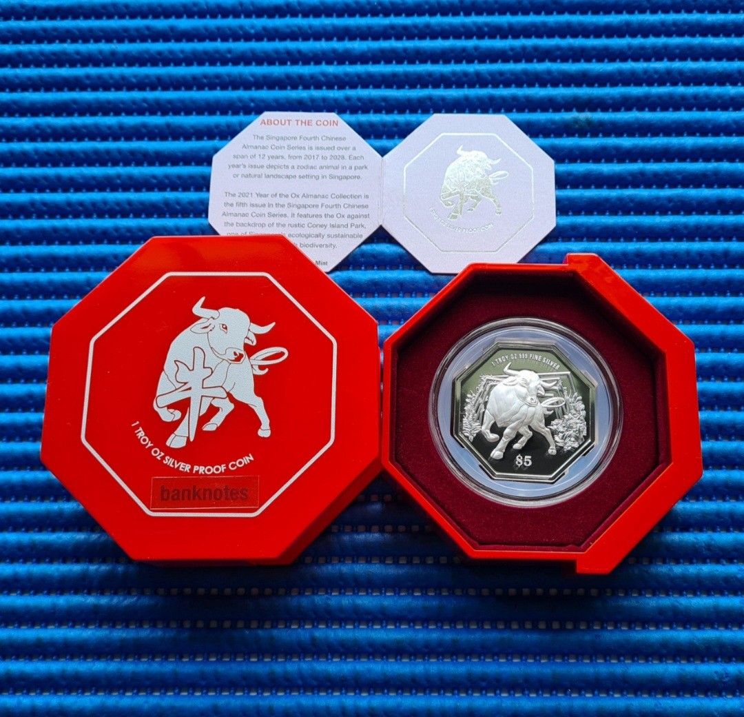 2021 Singapore $5 Lunar Year of the OX Octagon Shaped Silver Proof Coin ...