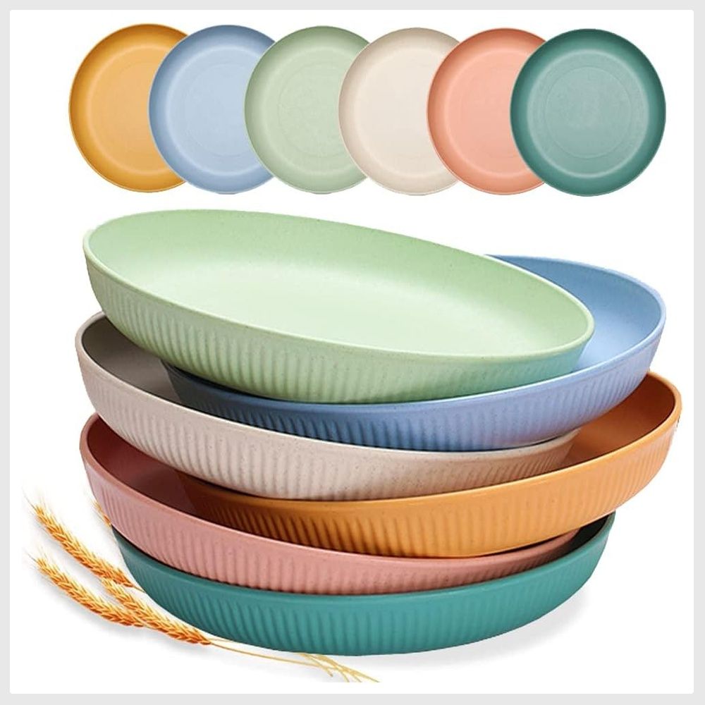 6 PACK 9 Inch Lightweight Wheat Straw Plates Unbreakable Deep