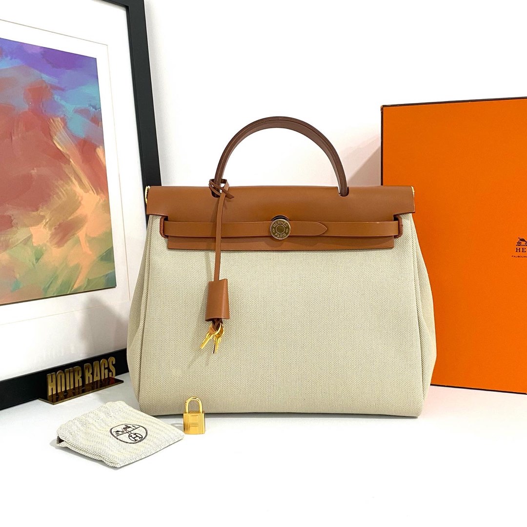 Authentic Hermes Beige Color Canvas Herbag Zip 31 Shoulder Bag