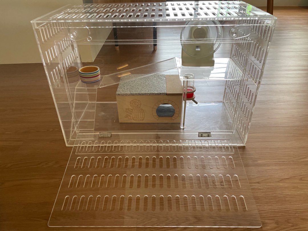 View of Acrylic hamster tank cage with housing water bottle and wheel, Pet ...