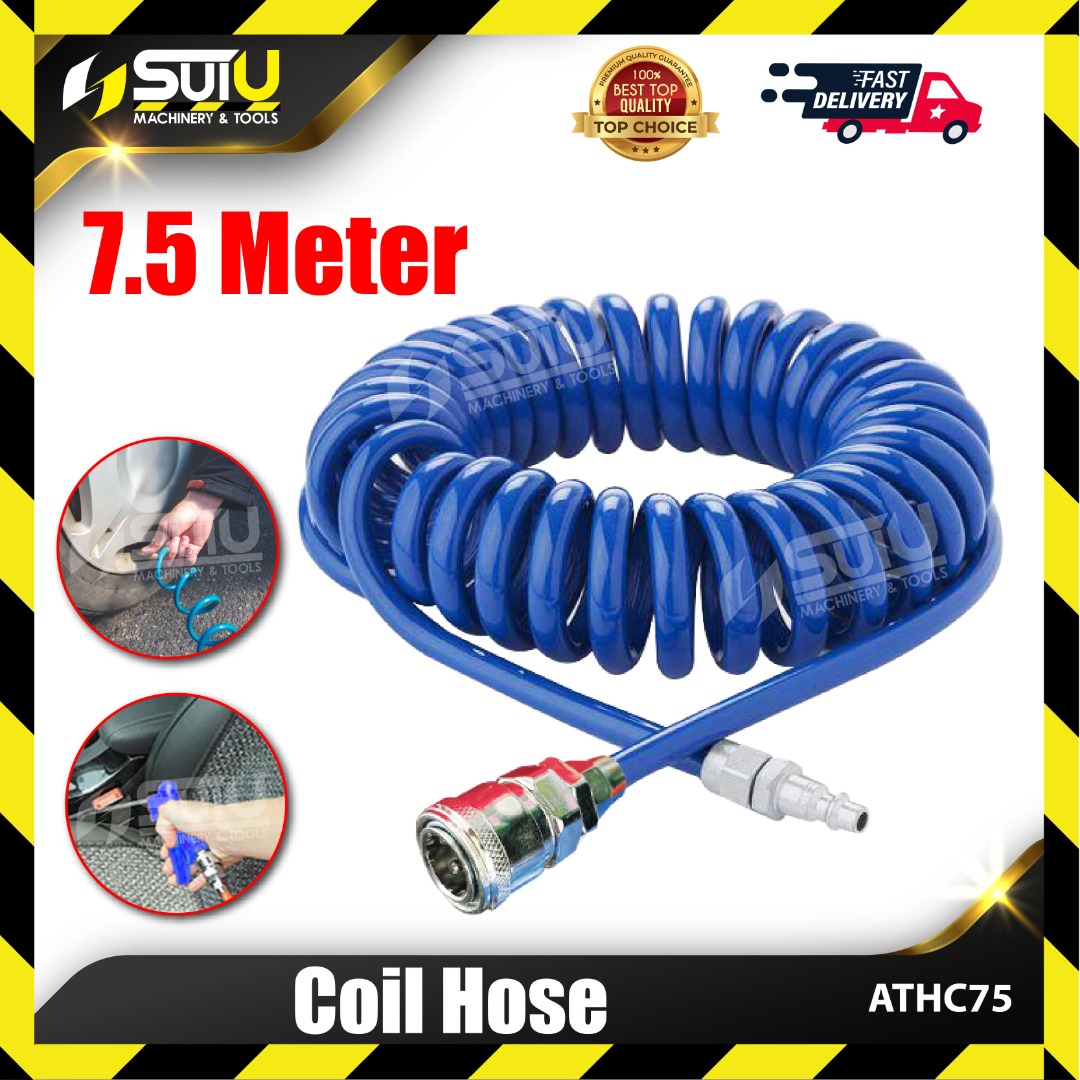 ATHC75 8MM x 7.5M Coil Hose / Pu Coil Tubing Compressor Hose c/w Quick