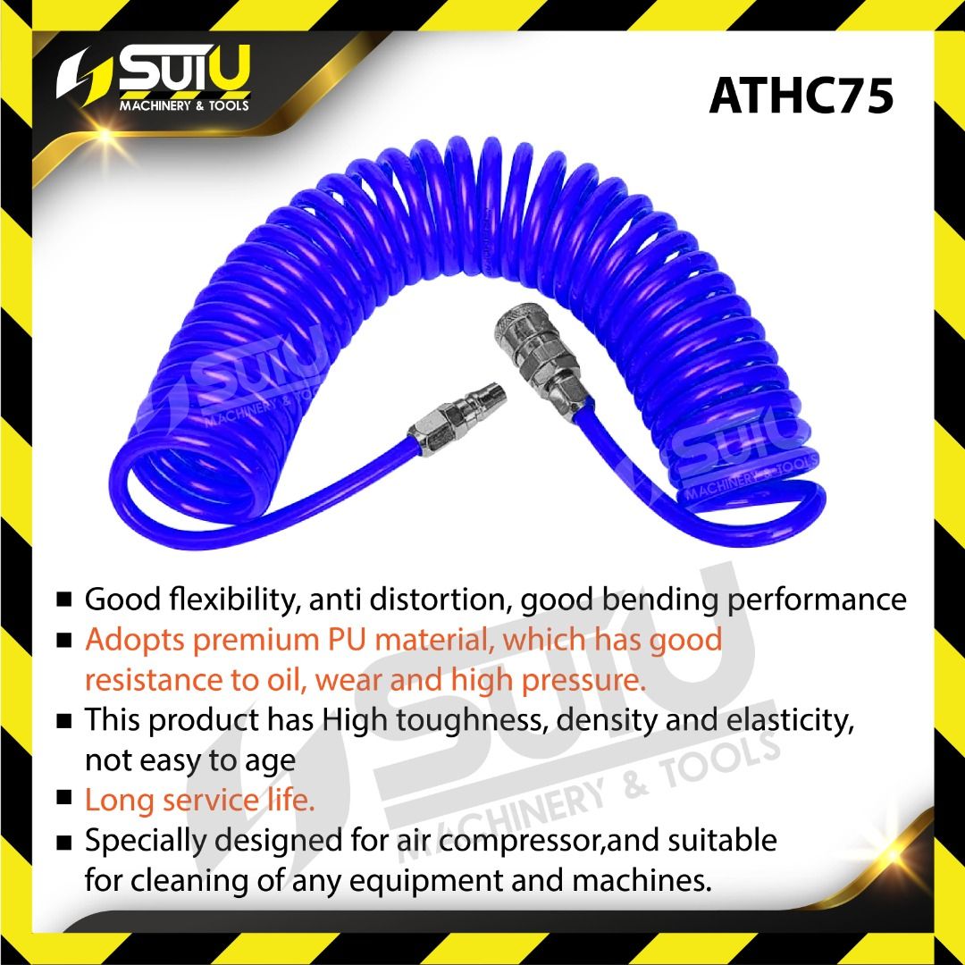 ATHC75 8MM x 7.5M Coil Hose / Pu Coil Tubing Compressor Hose c/w Quick