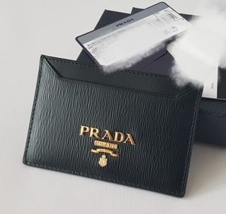 Prada Vitello Move Black Leather Logo Plaque Lanyard Cardholder
