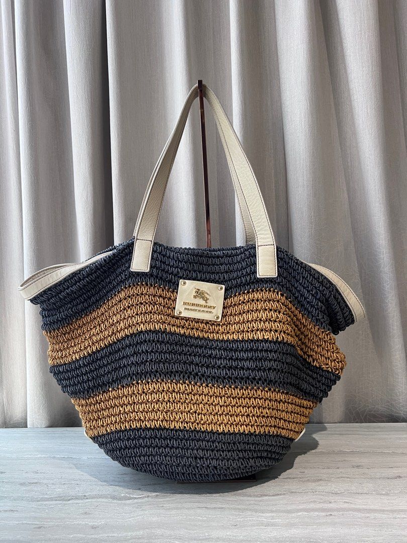 Burberry Blue Label Colourblocked Rattan Straw Tote Bag Luxury