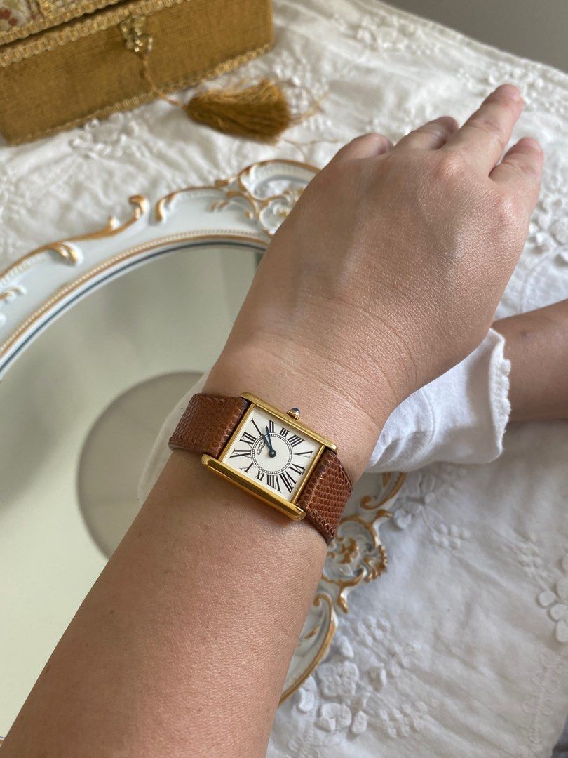 Cartier Tank Roman Vintage Wrist Watch Genuine Lizard Strap