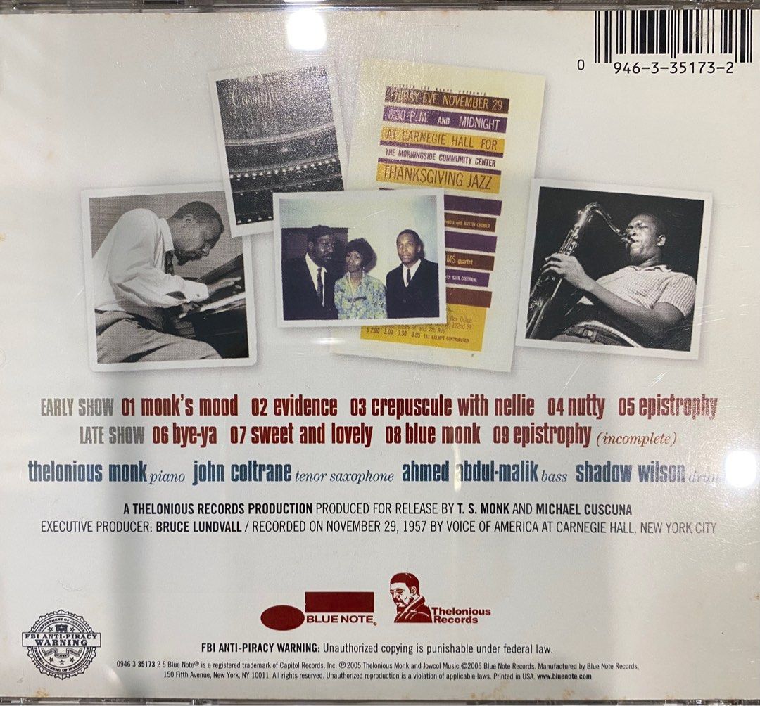 Coltrane　CDs　Note　Quartet　Carnegie　Blue　Toys,　CD:　Carousell　John　jazz　Music　Hobbies　Hall,　on　Thelonious　pressing,　At　DVDs　Monk　Media,　with　US