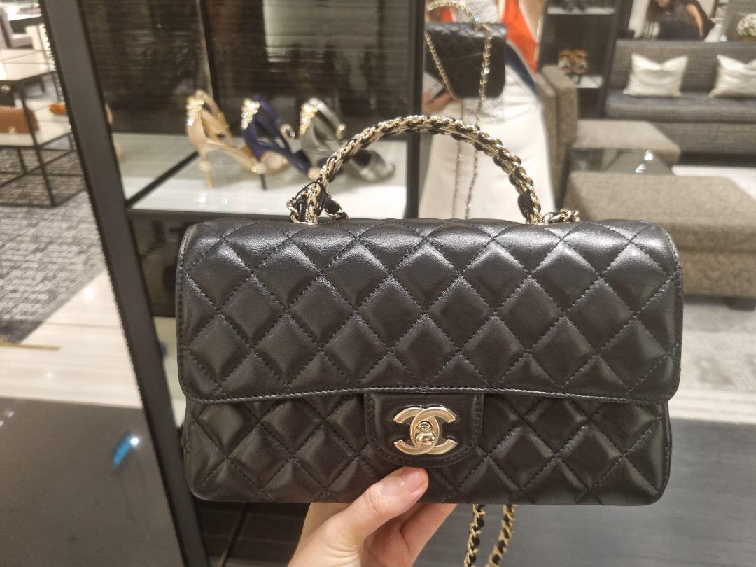 Chanel 23A Top Handle with Rhinestone Crystal Mini Flap Black Lambskin in  Light Gold Hardware (Microchip), Luxury, Bags & Wallets on Carousell