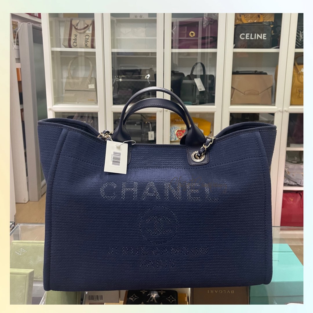 Chanel Deauville Tote Medium Navy Blue Bag (Microchip)