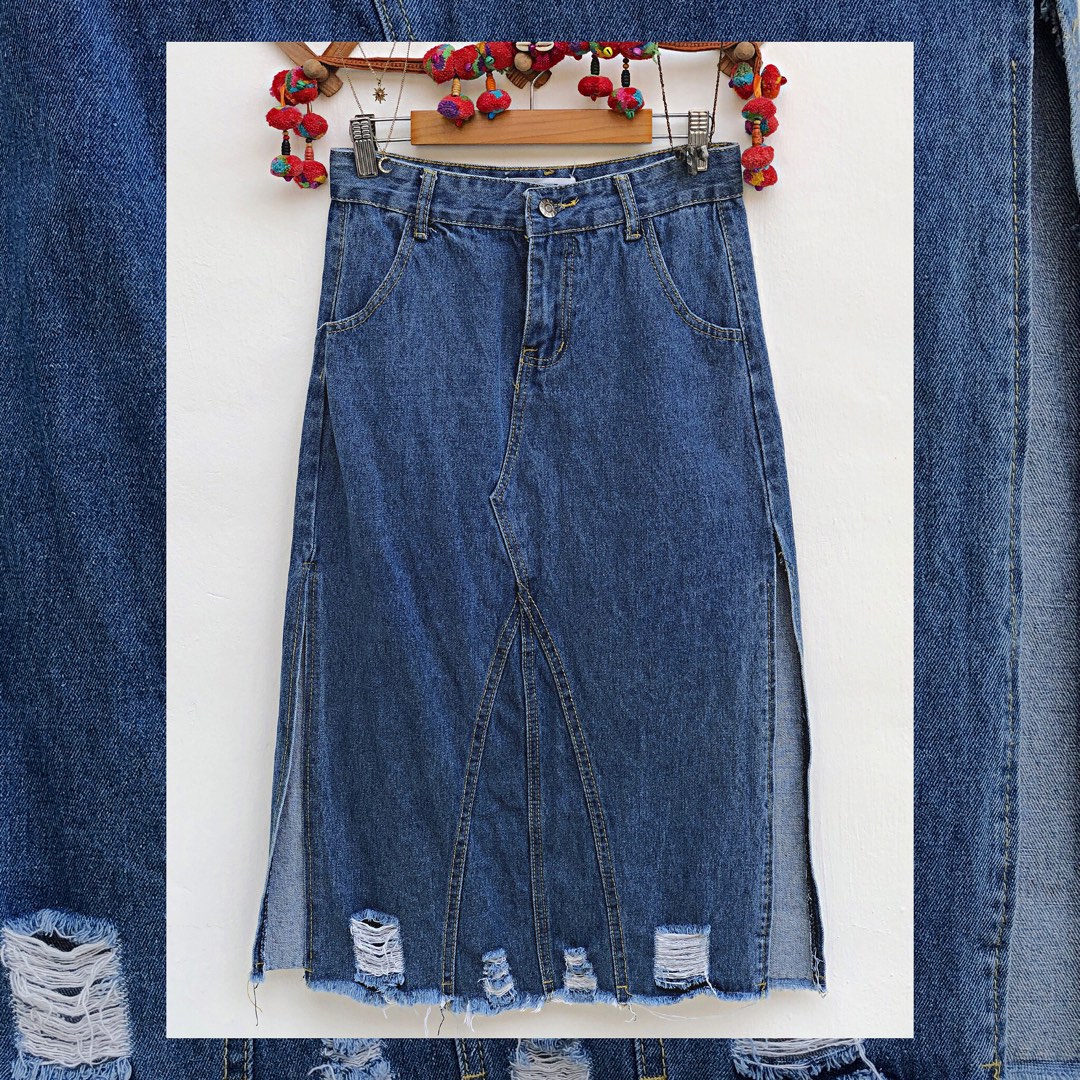 Distressed Ripped Denim Maong Midi Y2K Skirt with Slit on Carousell