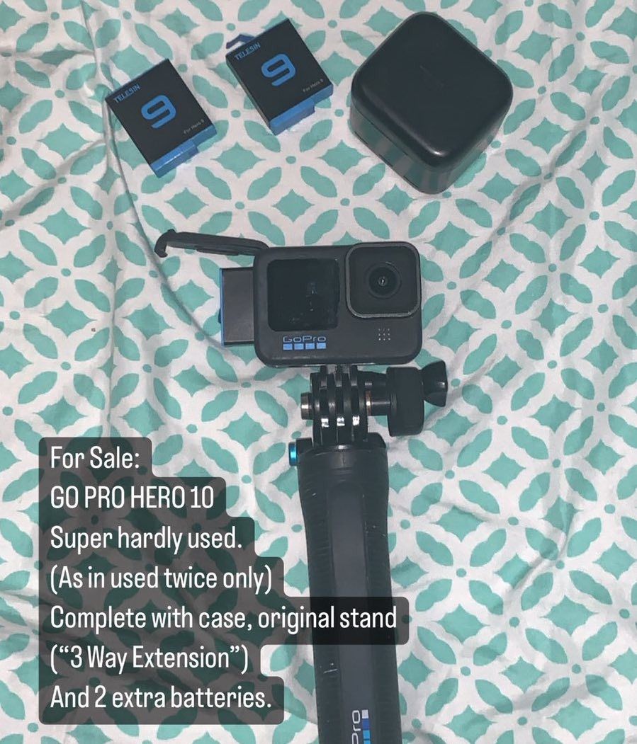 GoPro Hero 10 (Category: Video Cameras) located in Manila. Submitted by slooch (Listing ID 1239022318, Image 1). Description: GoPro Hero 10, super hardly used (twice only on vacation), all working/ nothing to fix, with complete accessories (case, original stand, 3-Way Grip, 2 extra batteries). Best deal and unit on Carousell..