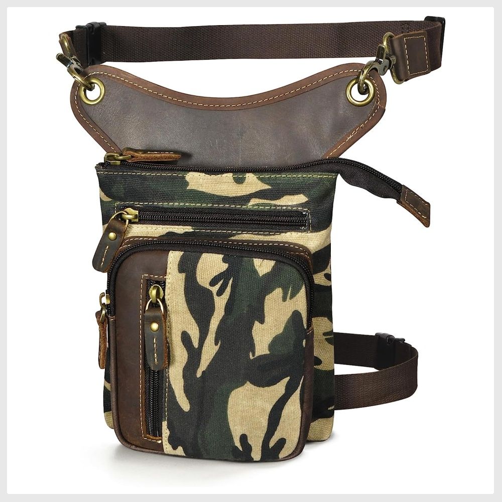 Handadsume Water Resistant Canvas Leather Motorcycle Fanny Waist Pack One Shoulder Drop Leg Thigh Bag For Men Women FB211 6 X 211 11 3 camouflage Medium Vintage Retro Stylish Street Free Style X 211 1...