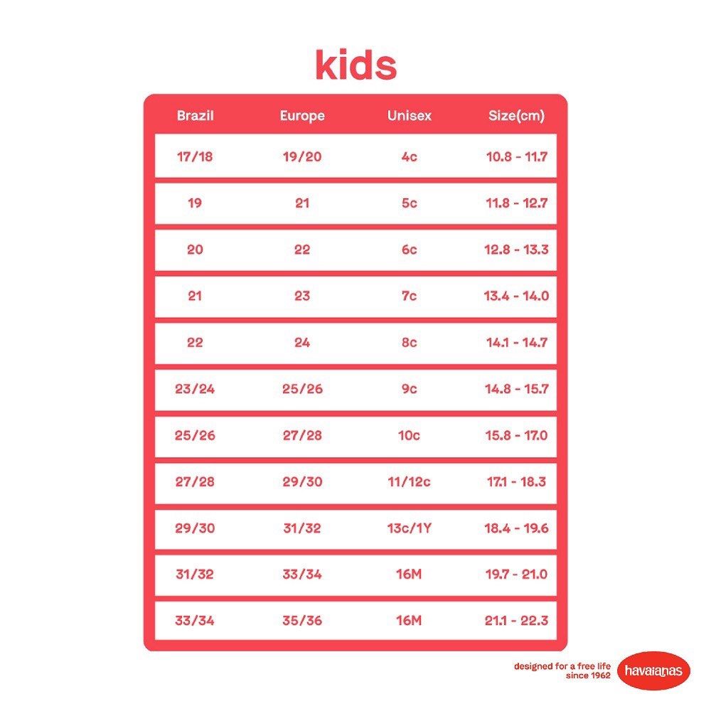 Size chart havaianas baby hotsell