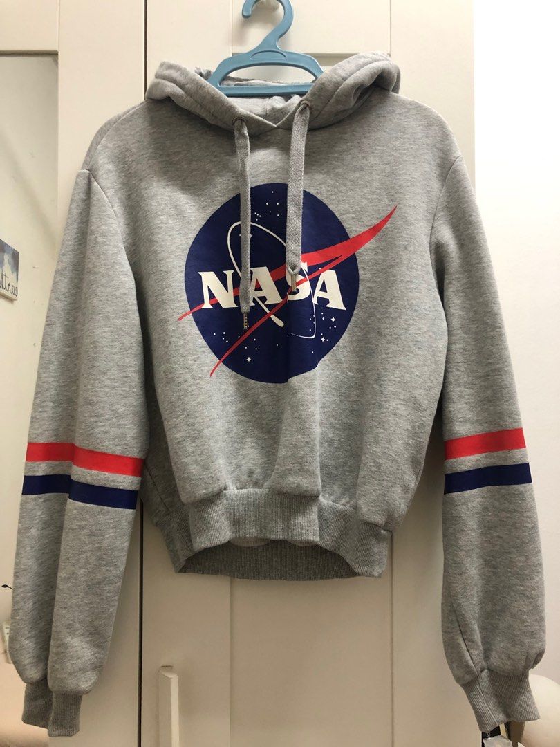 H M NASA Grey Crop Top Hoodie