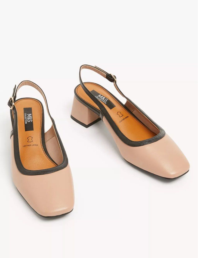 Leather block cheap heel slingback shoes