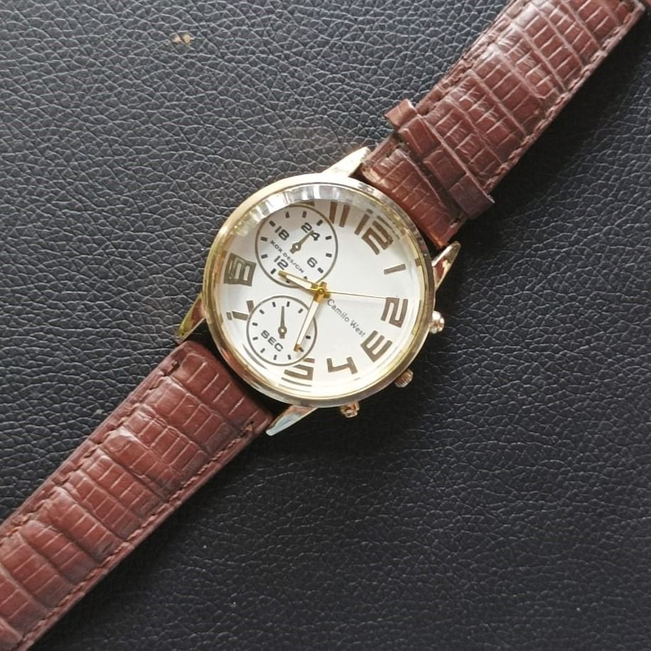 Men's Fashion Watch Brown Leather Strap Gold on White Face Kox Design