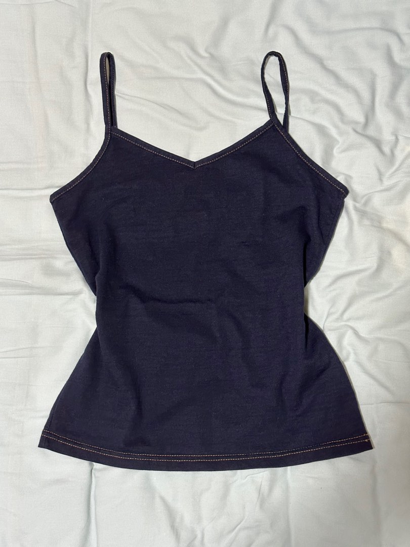 navy blue cami top w golden trimmings, Women's Fashion, Tops