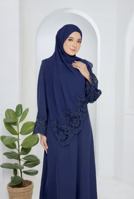 Nawlaa Jubah Abaya Lace with Shawl Navy Blue Women s Fashion Muslimah Fashion Kaftans Jubahs on Carousell